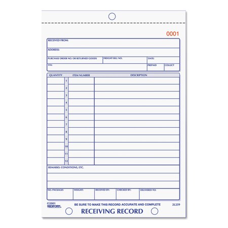 Rediform Receiving Record Book, 5 9/16 x 7 15/16, 2-Part Carbonless, 50 Sets/BK 2L259